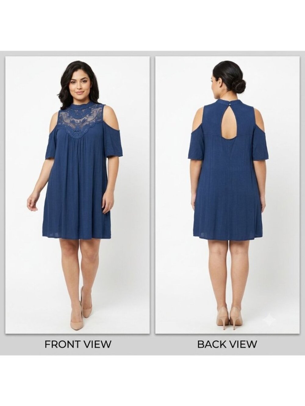 Signature Studio Cold Shoulder Navy Blue Shift Dress Women Size M High Neck Lace